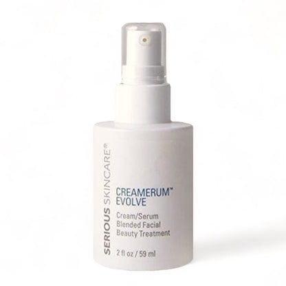 A white bottle with a pump dispenser labeled Creamerum Evolve, indicating it is a facial treatment product.