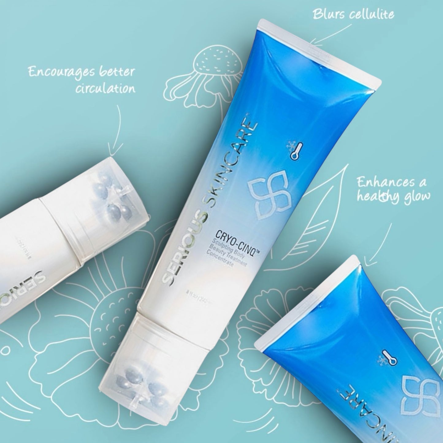 Hand holding a skincare device with text on its benefits against a white background.  Cryo Cinq Sculpting Body Beauty Treatment Concentrate.  Serious Skincare.  Cool Sculpting.  