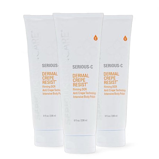 Three tubes of Serious-C Dermal Crepe Resist body polish on a white background