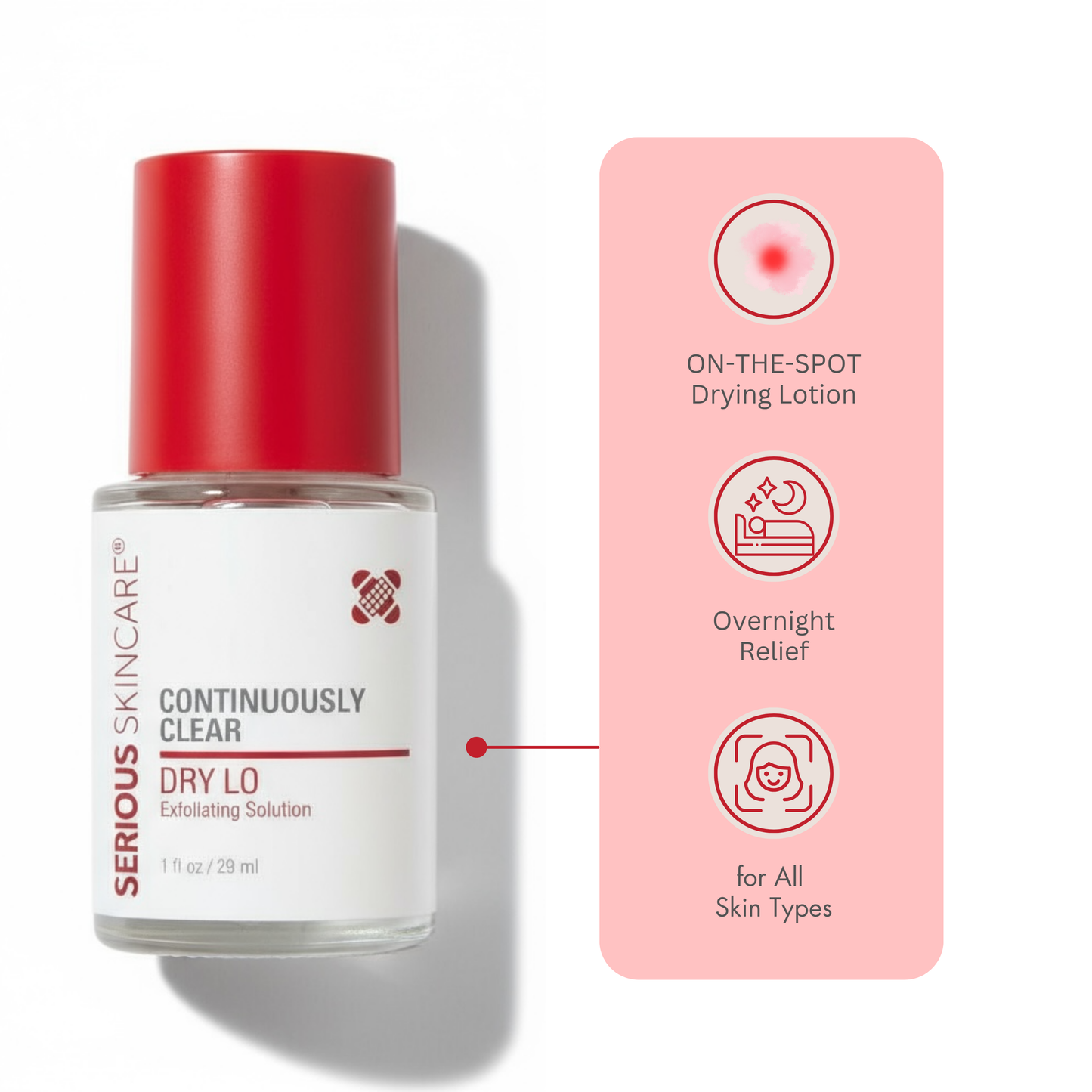Serious Skincare bottle with a red cap and white label on a white background