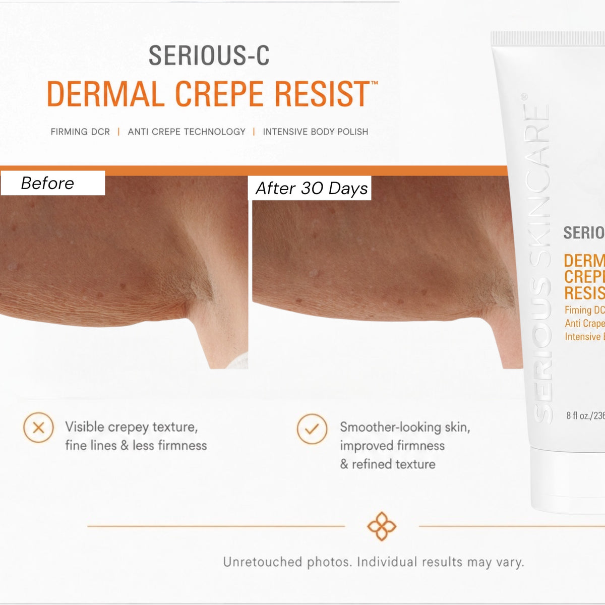 Serious Skincare Dermal Crepe Resist Body Scrub exfoliating body treatment to smooth rough, dry, crepey-looking skin for a softer, more youthful appearance.