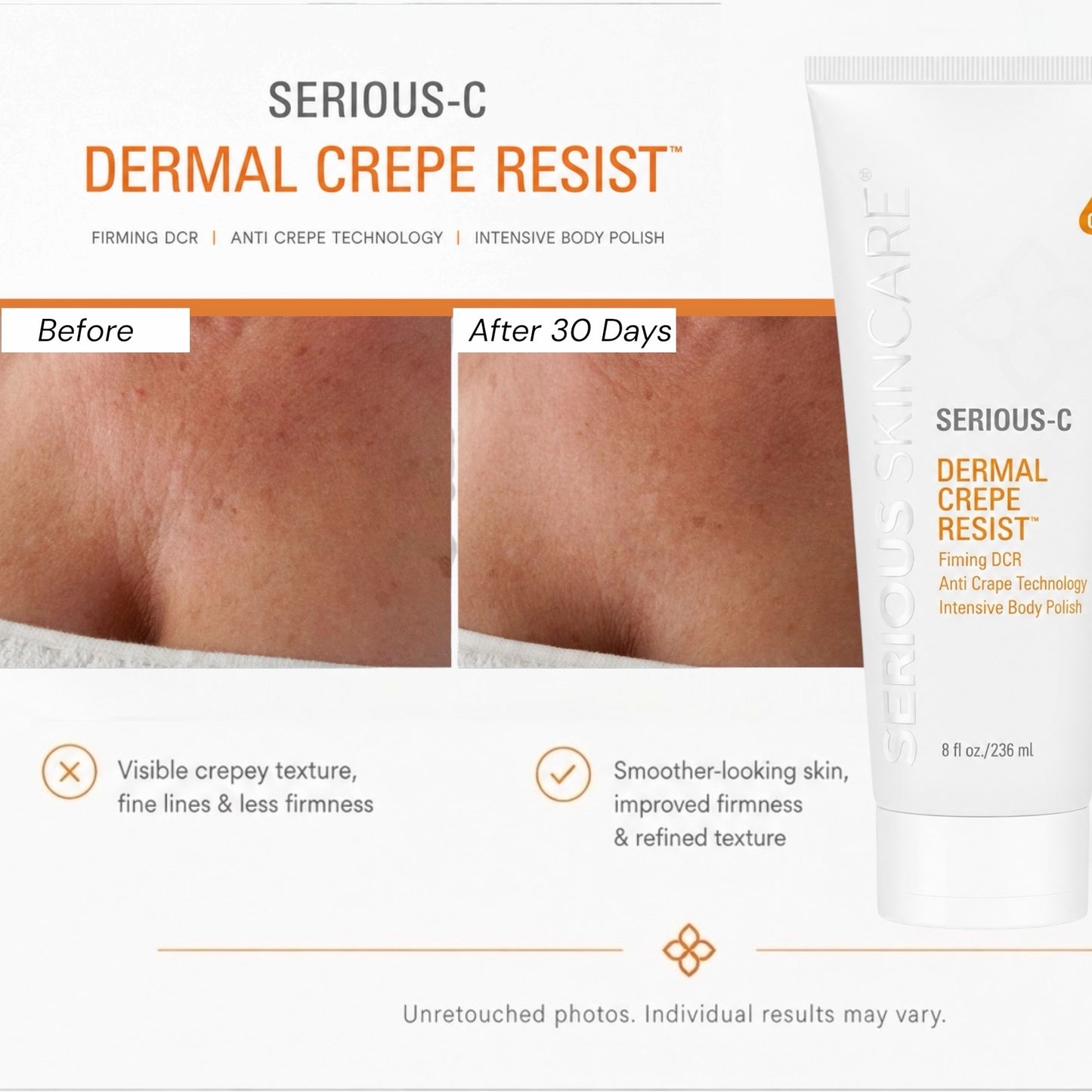 Serious Skincare Dermal Crepe Resist Body Scrub exfoliating body treatment to smooth rough, dry, crepey-looking skin for a softer, more youthful appearance.