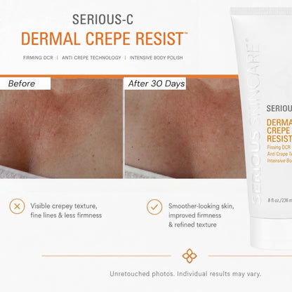 Serious Skincare Dermal Crepe Resist Body Scrub exfoliating body treatment to smooth rough, dry, crepey-looking skin for a softer, more youthful appearance.