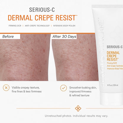 Serious Skincare Dermal Crepe Resist Body Scrub exfoliating body treatment to smooth rough, dry, crepey-looking skin for a softer, more youthful appearance.