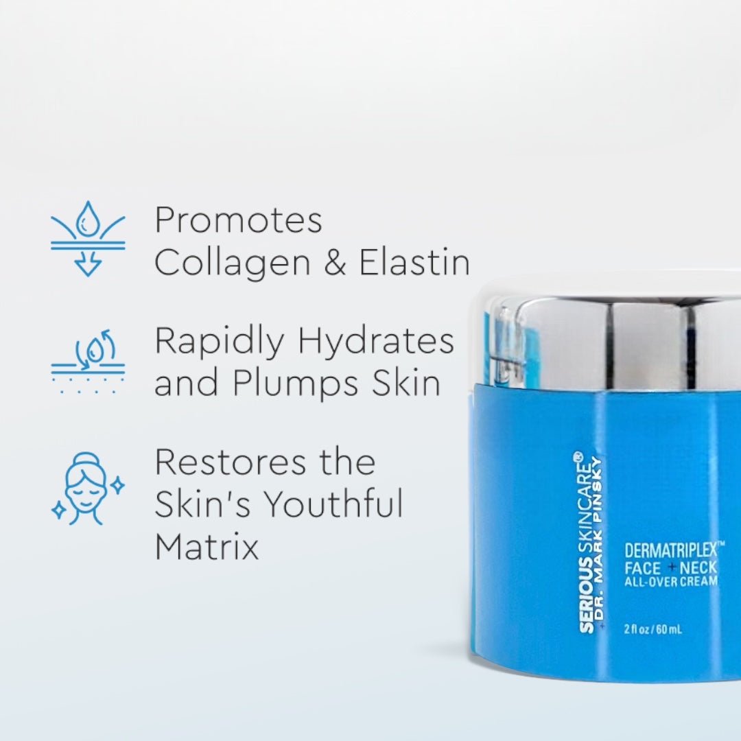Serious Skincare Dr. Mark Pinsky DERMATRIPLEX Face + Neck Cream with hyaluronic acid and collagen to hydrate, plump and smooth the look of fine lines and wrinkles.