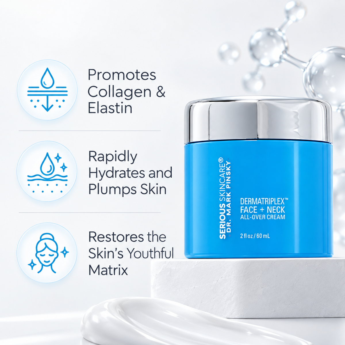 Serious Skincare Dr. Mark Pinsky DERMATRIPLEX Face + Neck Cream with hyaluronic acid and collagen to hydrate, plump and smooth the look of fine lines and wrinkles.