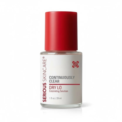 Serious Skincare bottle with red cap on a white background.  Dry Lo Exfoliating Solution