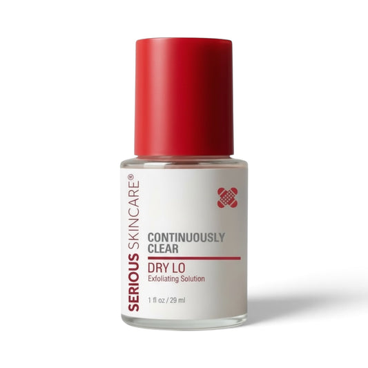 Serious Skincare Continuously Clear Dry Lo Exfoliating Solution in a 1 fl oz clear bottle with a red cap and white label, on a white background. Serious Skincare Dry Lo Spot Treatment for blemishes and problem-prone skin