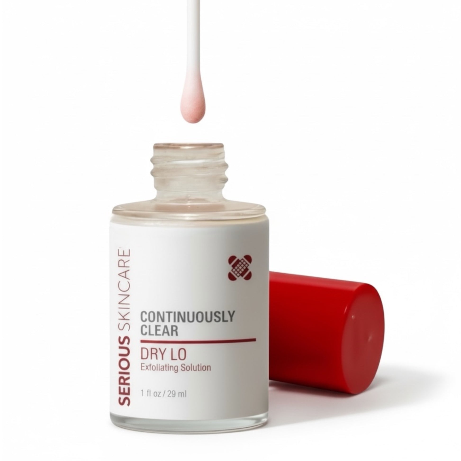 Serious Skincare bottle with red cap on a white background.  Dry Lo Exfoliating Solution