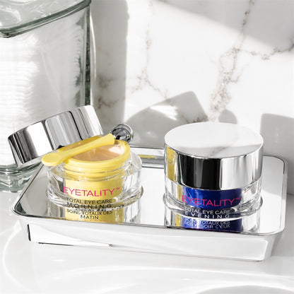 Serious Skincare Eyetality AM and PM Eye Care Duo with de-puffing applicator wand and eyelash-enhancing peptides to brighten, smooth and rejuvenate the eye area.