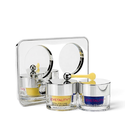 Serious Skincare Eyetality AM and PM Eye Care Duo with de-puffing applicator wand and eyelash-enhancing peptides to brighten, smooth and rejuvenate the eye area.