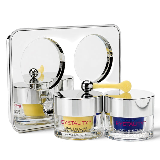 Serious Skincare Eyetality AM and PM Eye Care Duo with de-puffing applicator wand and eyelash-enhancing peptides to brighten, smooth and rejuvenate the eye area.