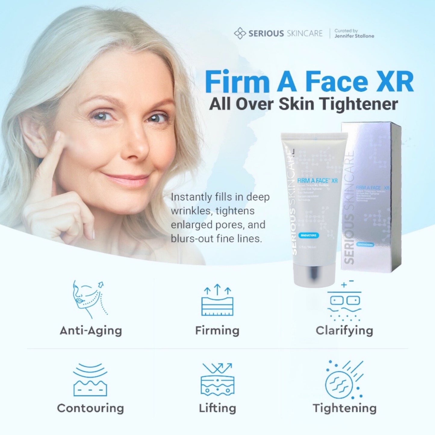 Serious Skincare Firm-A-Face Instant Facial all-over skin tightening treatment to temporarily smooth the look of wrinkles, fine lines and enlarged pores for a firmer-looking complexion.