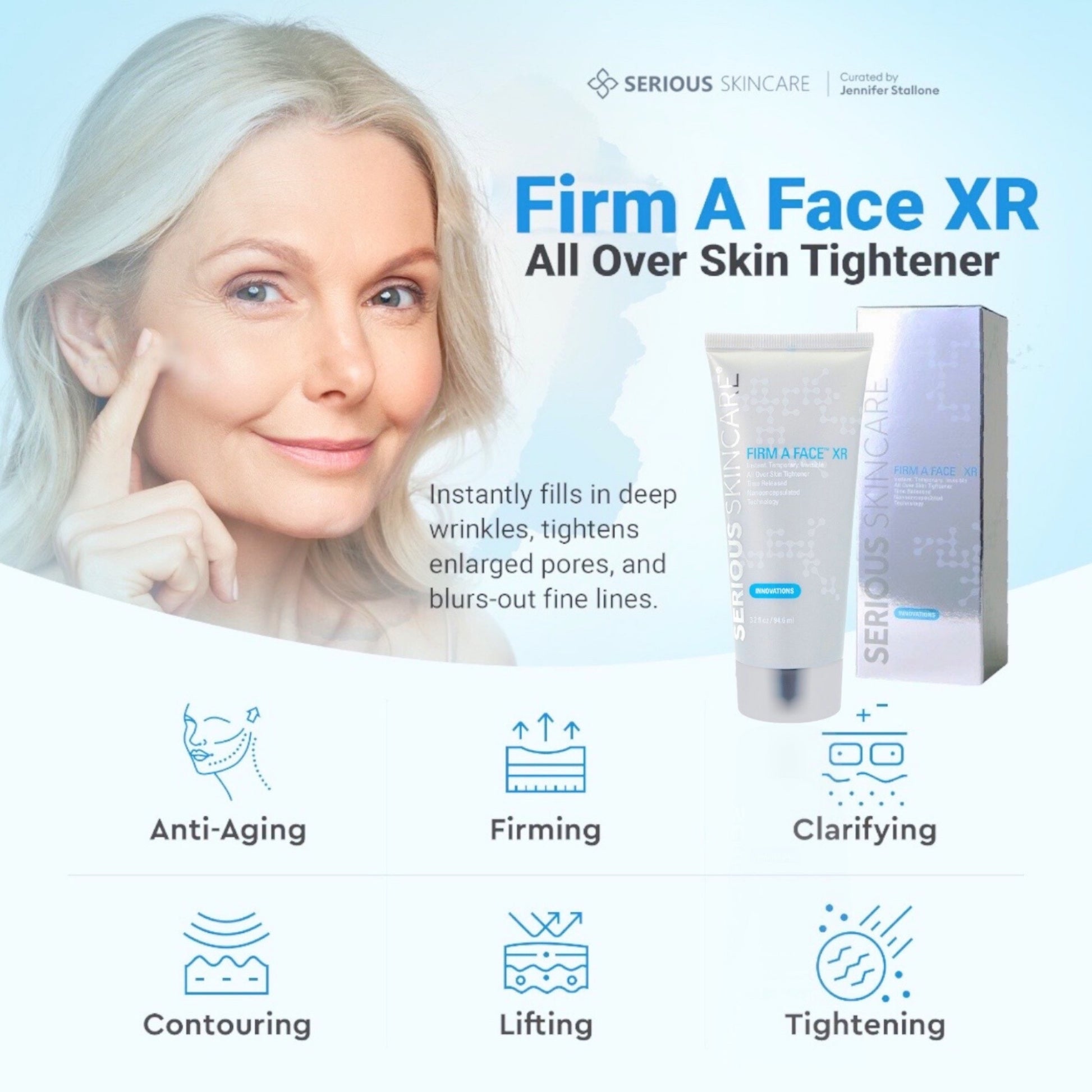 Serious Skincare Firm-A-Face Instant Facial all-over skin tightening treatment to temporarily smooth the look of wrinkles, fine lines and enlarged pores for a firmer-looking complexion.
