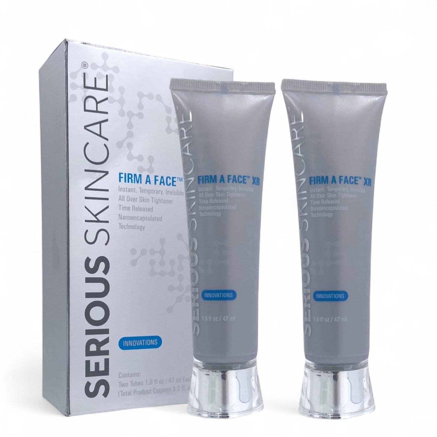 Two tubes of 'Firm A Face' skincare product by 'Serious Skincare' on a white background.