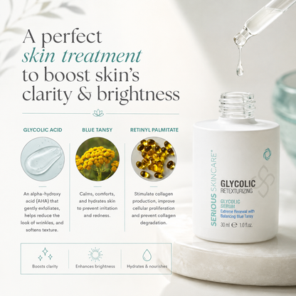 Serious Skincare Concentrated Glycolic Serum with 8% AHAs and Blue Tansy helps smooth skin, refine pores, and brighten the complexion.