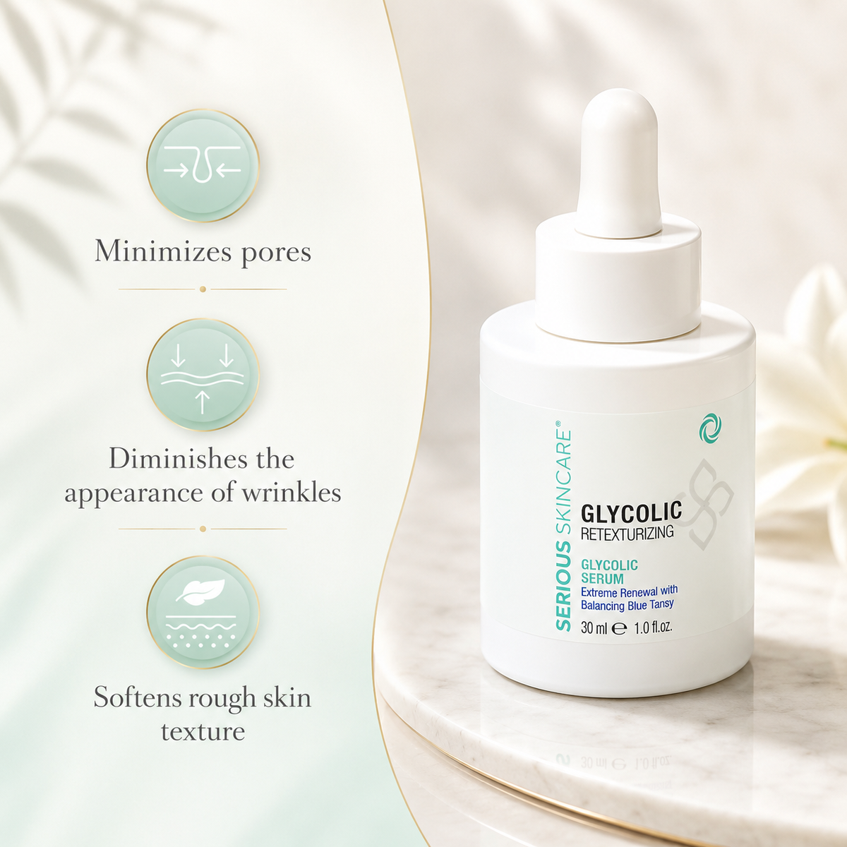 Serious Skincare Concentrated Glycolic Serum with 8% AHAs and Blue Tansy helps smooth skin, refine pores, and brighten the complexion.