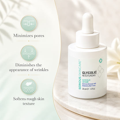 Serious Skincare Concentrated Glycolic Serum with 8% AHAs and Blue Tansy helps smooth skin, refine pores, and brighten the complexion.