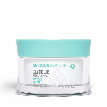 Serious Skincare Glycolic Retexturizing Cream with glycolic acid and Blue Tansy helps exfoliate, hydrate, and reveal smoother, brighter-looking skin.