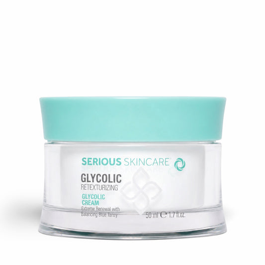 Serious Skincare Glycolic Retexturizing Cream with glycolic acid and Blue Tansy helps exfoliate, hydrate, and reveal smoother, brighter-looking skin.