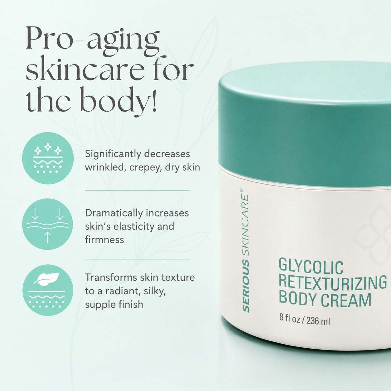  Serious Skincare Glycolic Body Cream helps firm, smooth, and hydrate crepey skin while improving the appearance of uneven texture and dullness.
