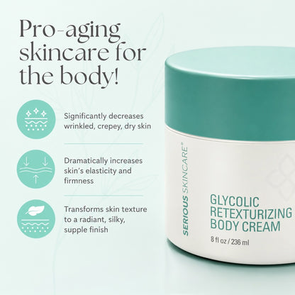  Serious Skincare Glycolic Body Cream helps firm, smooth, and hydrate crepey skin while improving the appearance of uneven texture and dullness.
