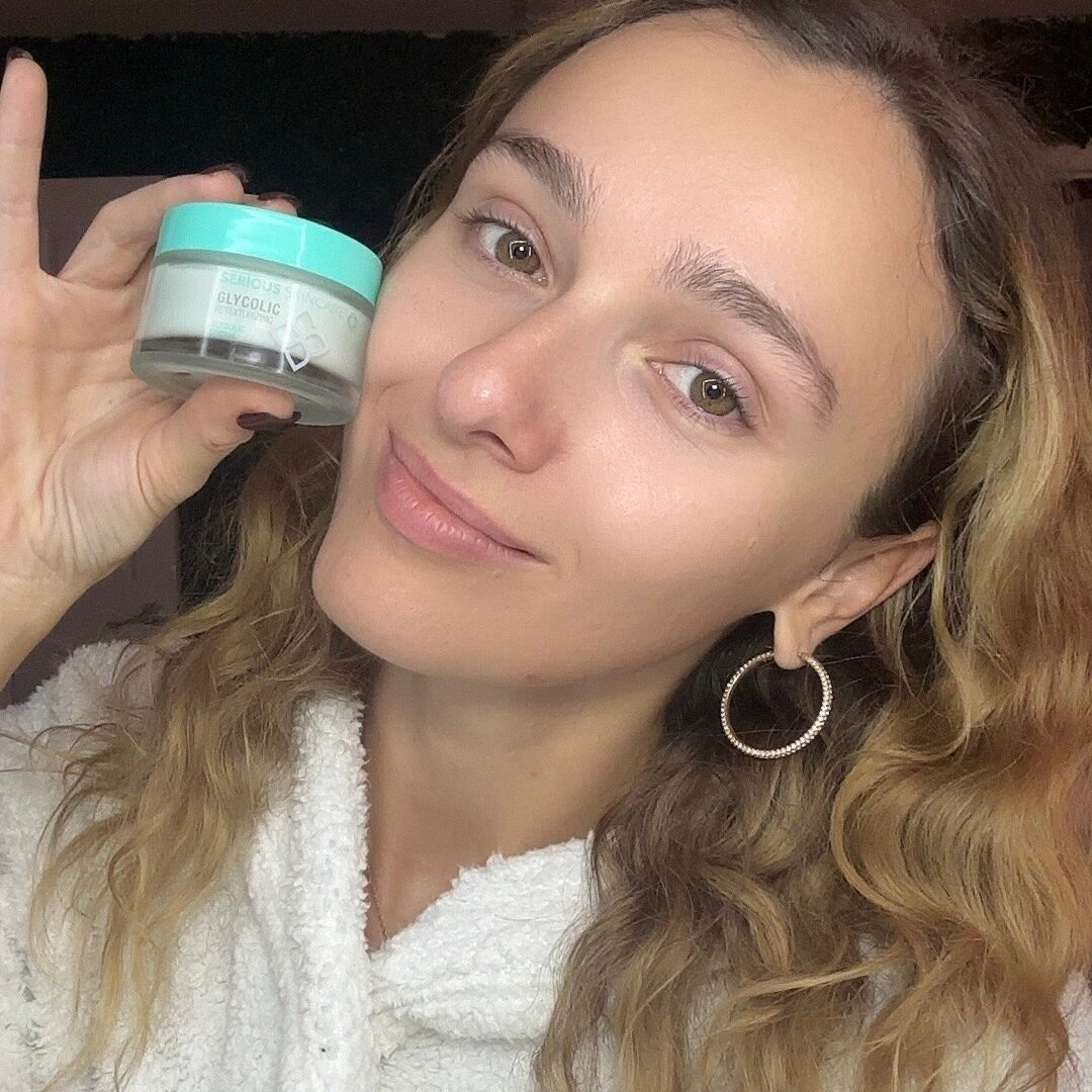 Serious Skincare Glycolic Retexturizing Cream with glycolic acid and Blue Tansy helps exfoliate, hydrate, and reveal smoother, brighter-looking skin.