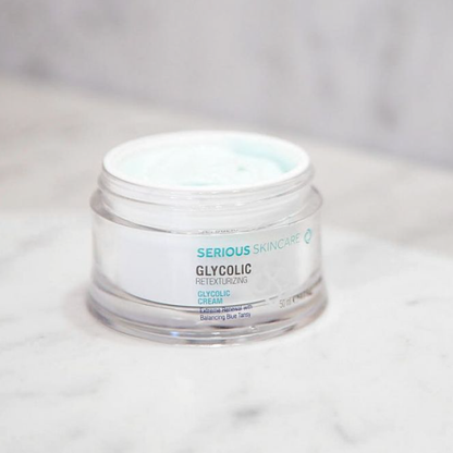 Serious Skincare Glycolic Retexturizing Cream with glycolic acid and Blue Tansy helps exfoliate, hydrate, and reveal smoother, brighter-looking skin.