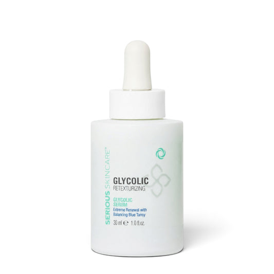 Serious Skincare Concentrated Glycolic Serum with 8% AHAs and Blue Tansy helps smooth skin, refine pores, and brighten the complexion.