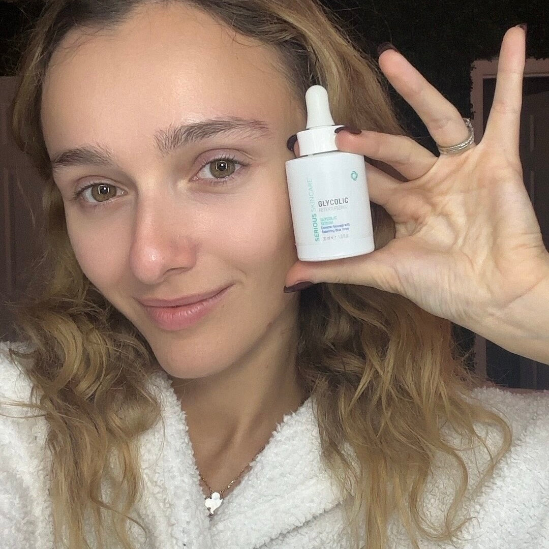 Serious Skincare Concentrated Glycolic Serum with 8% AHAs and Blue Tansy helps smooth skin, refine pores, and brighten the complexion.