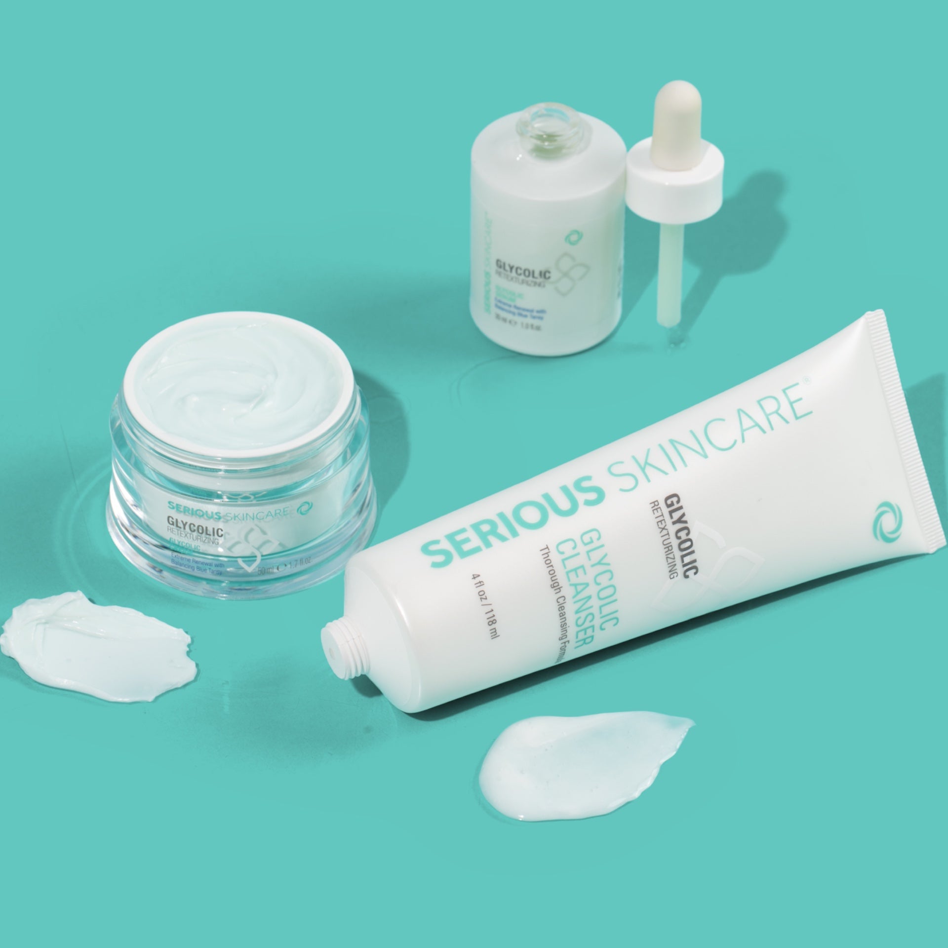 Serious Skincare Glycolic Retexturizing Cream with glycolic acid and Blue Tansy helps exfoliate, hydrate, and reveal smoother, brighter-looking skin.