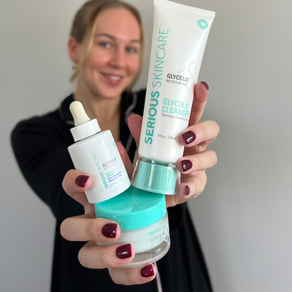Serious Skincare Glycolic Cleanser, Serum and Cream Trio with glycolic acid to exfoliate, smooth, brighten and refine the look of uneven skin texture.