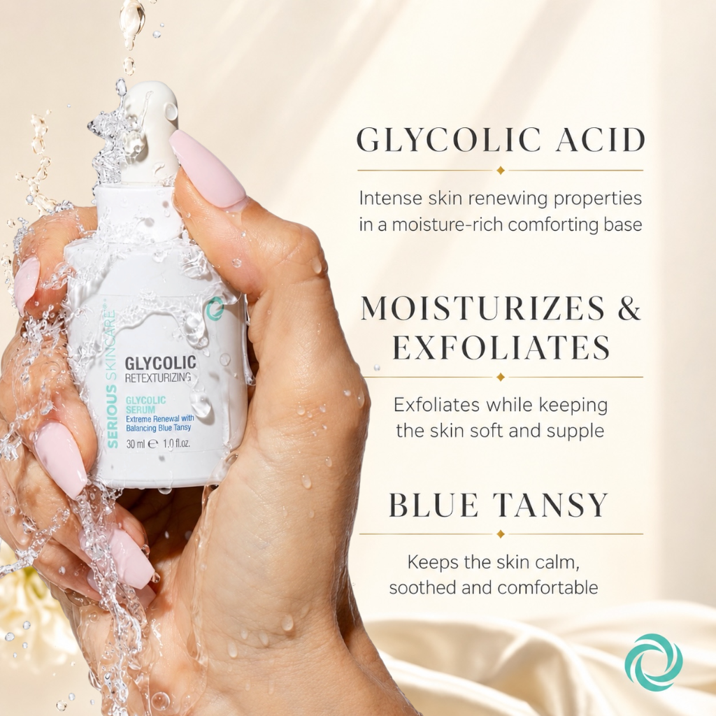 Serious Skincare Concentrated Glycolic Serum with 8% AHAs and Blue Tansy helps smooth skin, refine pores, and brighten the complexion.