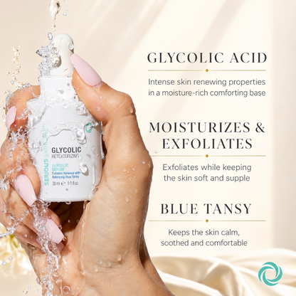 Serious Skincare Concentrated Glycolic Serum with 8% AHAs and Blue Tansy helps smooth skin, refine pores, and brighten the complexion.