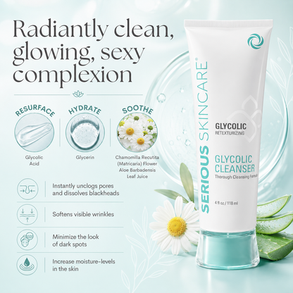 Serious Skincare Glycolic Cleanser with product features and benefits on a light blue background