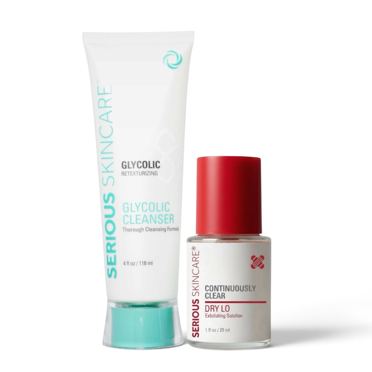 Serious Skincare Glycolic Cleanser in a white squeeze tube with a mint green cap, next to a Clear Continuously Clear Dry Lo exfoliating solution bottle with a red cap, on a white background.