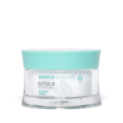 Serious Skincare Glycolic Retexturizing Cream with glycolic acid and Blue Tansy helps exfoliate, hydrate, and reveal smoother, brighter-looking skin.