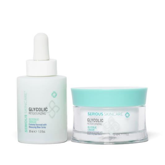 Serious Skincare Glycolic Duo with Glycolic Serum and Glycolic Retexturizing Cream helps smooth skin texture, refine pores, and reveal a brighter, more radiant-looking complexion.