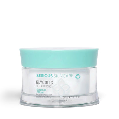 Serious Skincare Glycolic Retexturizing Cream with glycolic acid and Blue Tansy helps exfoliate, hydrate, and reveal smoother, brighter-looking skin.