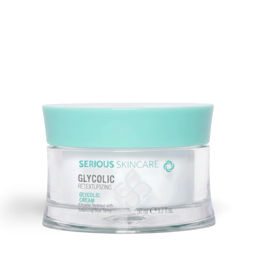 Serious Skincare Glycolic Retexturizing Cream with glycolic acid and Blue Tansy helps exfoliate, hydrate, and reveal smoother, brighter-looking skin.