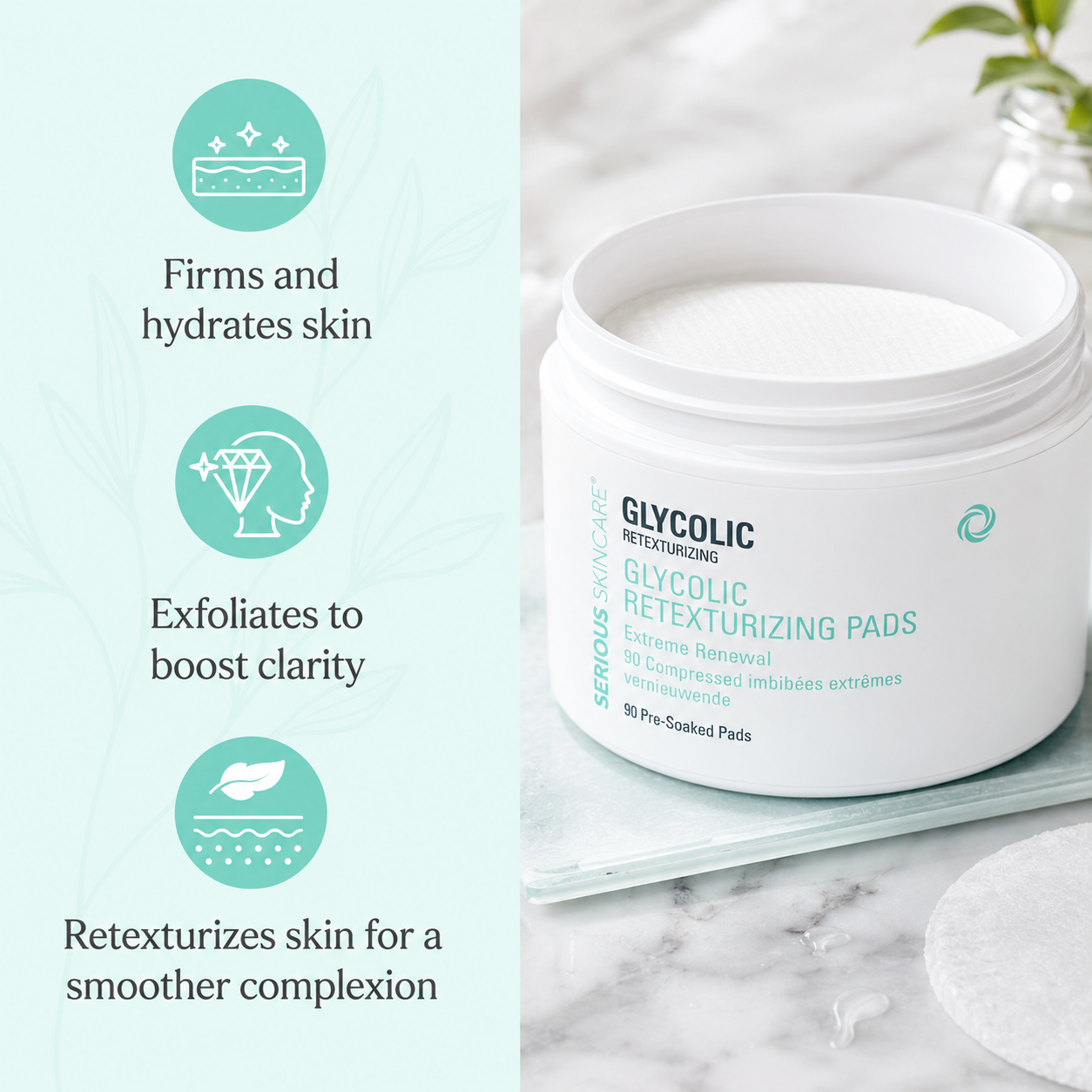 Serious Skincare Glycolic Pads exfoliating facial treatment pads with glycolic acid to smooth, brighten and refine the look of uneven skin texture.