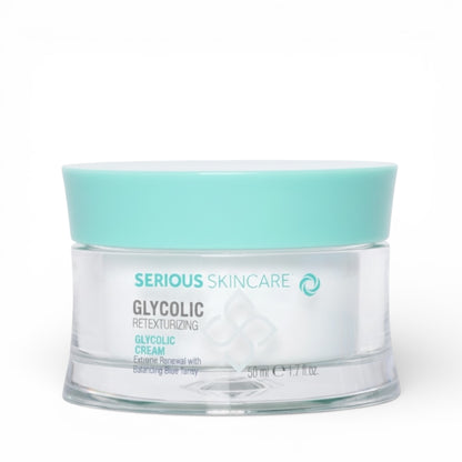 Serious Skincare Glycolic Retexturizing Cream jar with teal lid on a white background