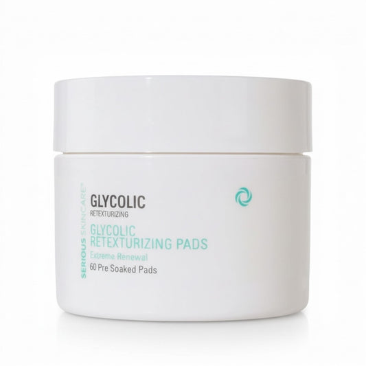 White container with 'Glycolic Retexturizing' text on a white background.  Glycolic Retexturizing Pads by Serious Skincare.