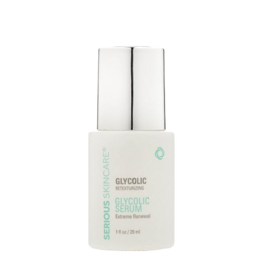 A bottle of Serious Skincare Glycolic Serum Original with a white and green label, cap included.