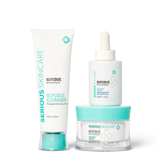 Serious Skincare Glycolic Cleanser, Serum and Cream Trio with glycolic acid to exfoliate, smooth, brighten and refine the look of uneven skin texture.