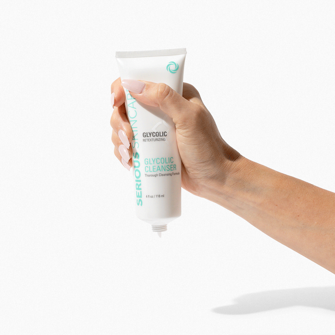 A gif of Glycolic Cleanser 4oz squeezing cleanser out.  Serious Skincare.  Serious Skincare Glycolic Retexturizing Cleanser gently exfoliates, removes makeup and impurities, and reveals softer, smoother, brighter-looking skin.