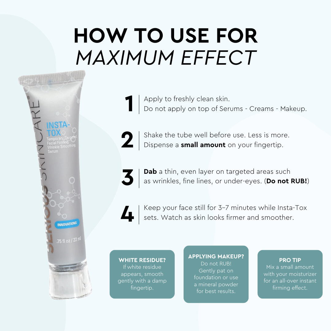 Skin care product with usage instructions on a white background.  Serious Skincare.  Temporary. Targeted. Facial Firming Wrinkle Smoothing Serum.  Alternative to botox.  