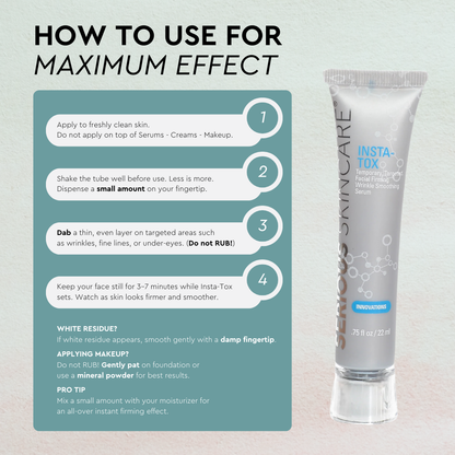 Skincare product with usage instructions on a light gray background.  Serious Skincare.  Temporary. Targeted. Facial Firming Wrinkle Smoothing Serum.  Alternative to botox.  