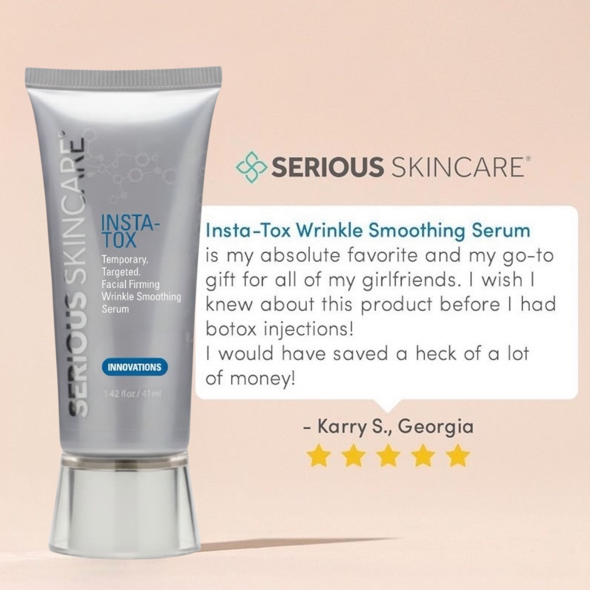 Serious Skincare Insta-Tox Wrinkle Smoothing Serum with a five-star review on a beige background