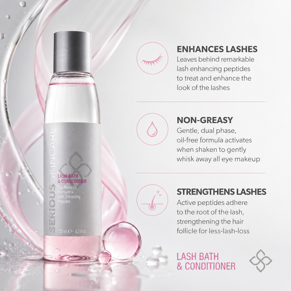 Serious Skincare Lash Bath Eye Makeup Remover and Lash Treatment with peptides to gently remove makeup while conditioning lashes for a fuller, thicker-looking appearance.
